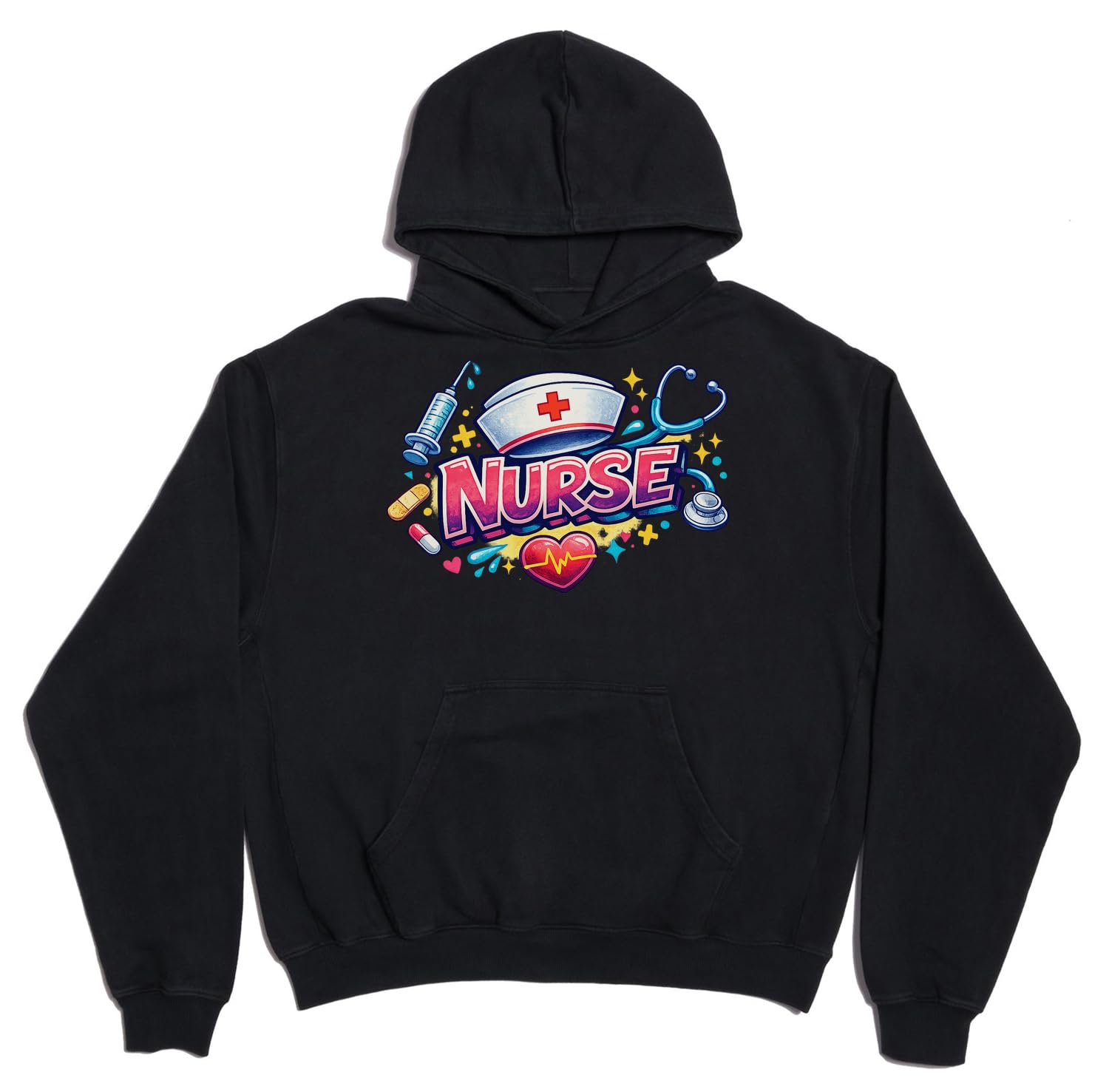Kolorowe ikony pielęgniarstwa i opieki zdrowotnej unisex oversize ciężka mieszanka bawełny bluza z kapturem czarna
