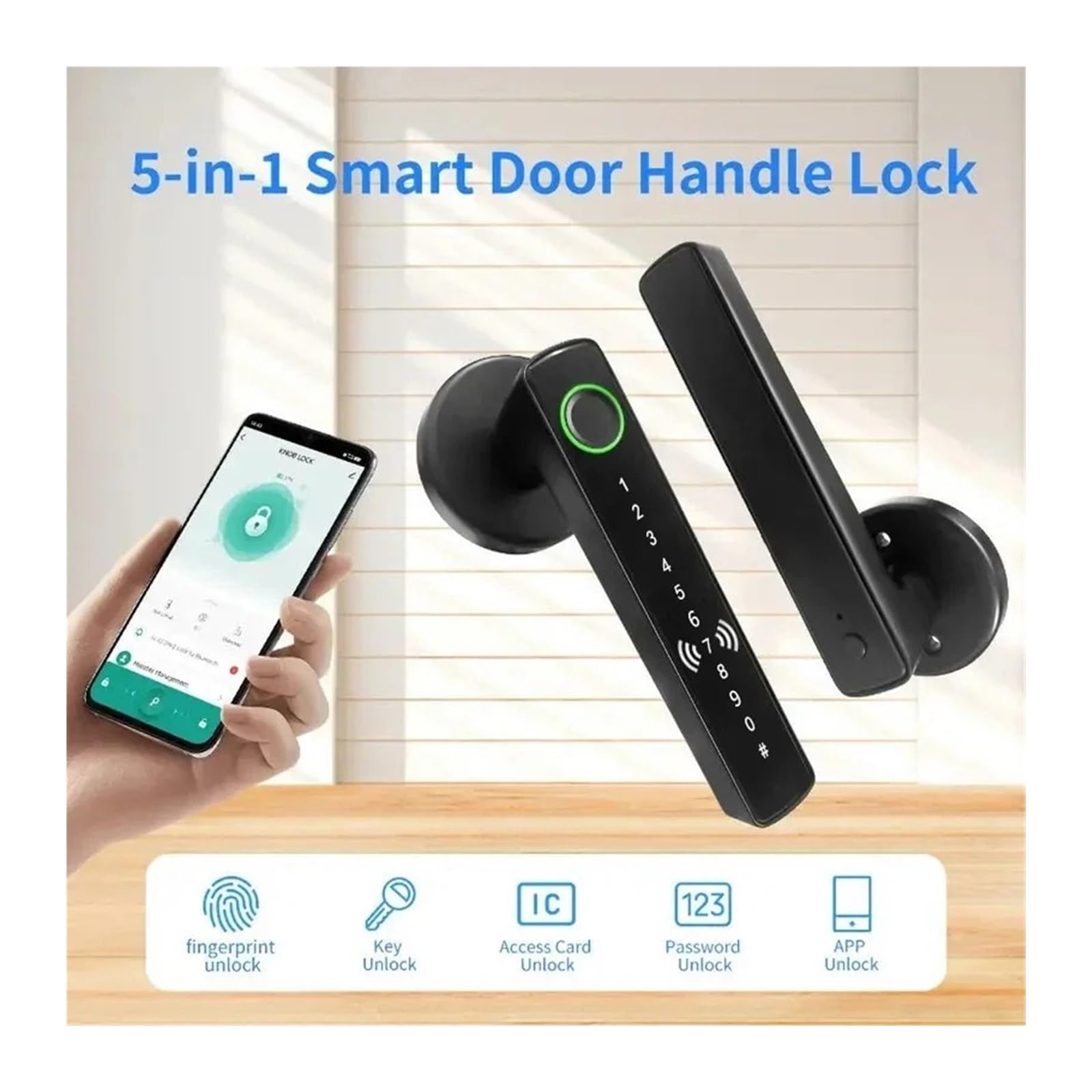 Cerradura inteligente, Cerradura inteligente con huella dactilar for interiores, electrónica, contraseña, llave y Bluetooth, for baño dormitorio(Nero)