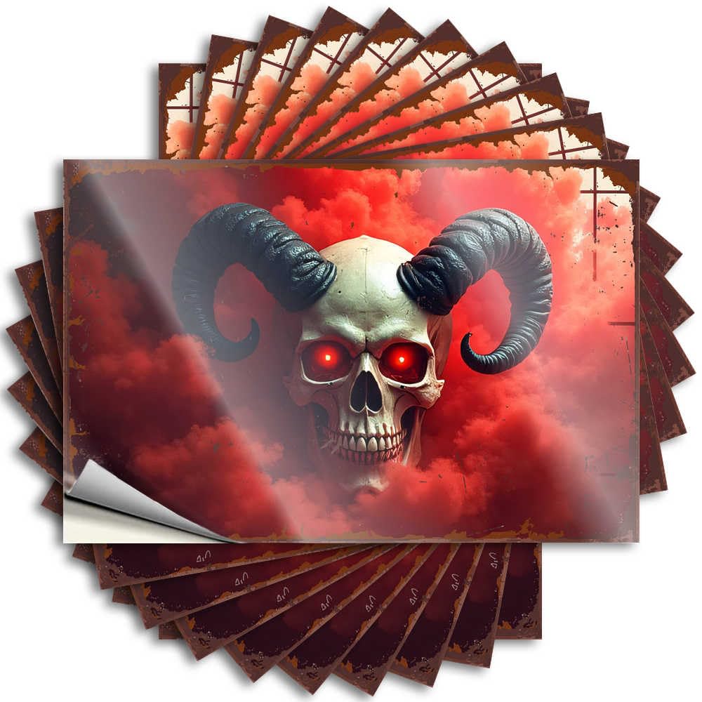 Decals Cool Easy Apply | Devilish Skull with Red Eyes and Horns Amidst Fiery Clouds Encouragement Water Peel and Stick(6X9CM)