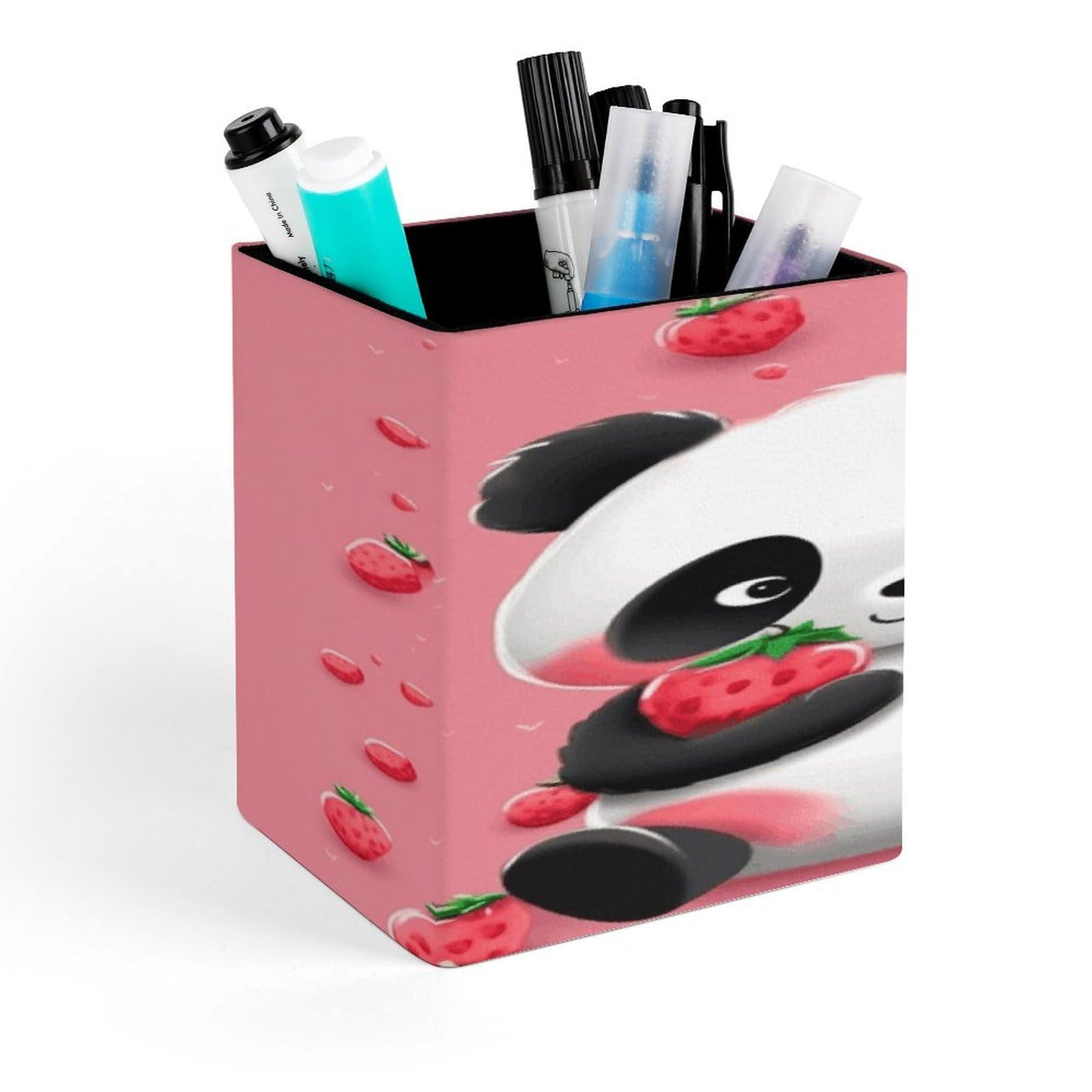 MUSM Cartoon Strawberry Panda Pen Holder Square PU Leather Desktop Organizer And Makeup Brush Holder Storage Box Modern Design Stationery Organizer for Office Desk Accessory