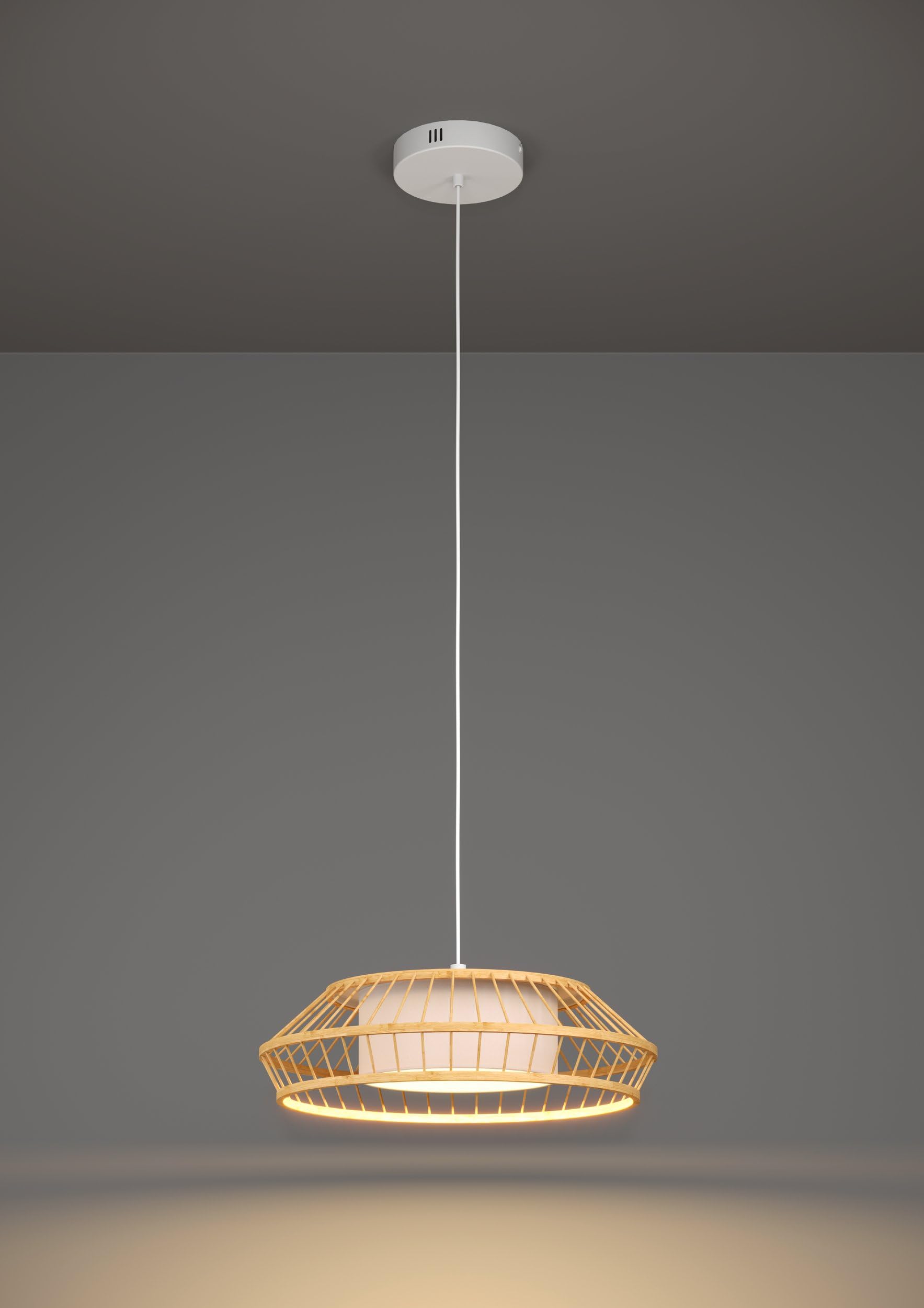 EGLO connect.z Yuku-Z Lámpara colgante led para hogar inteligente | de metal blanco y textil en blanco, madera de bambú, ZigBee, App y control por voz Alexa, blanco cálido-blanco frío, RGB