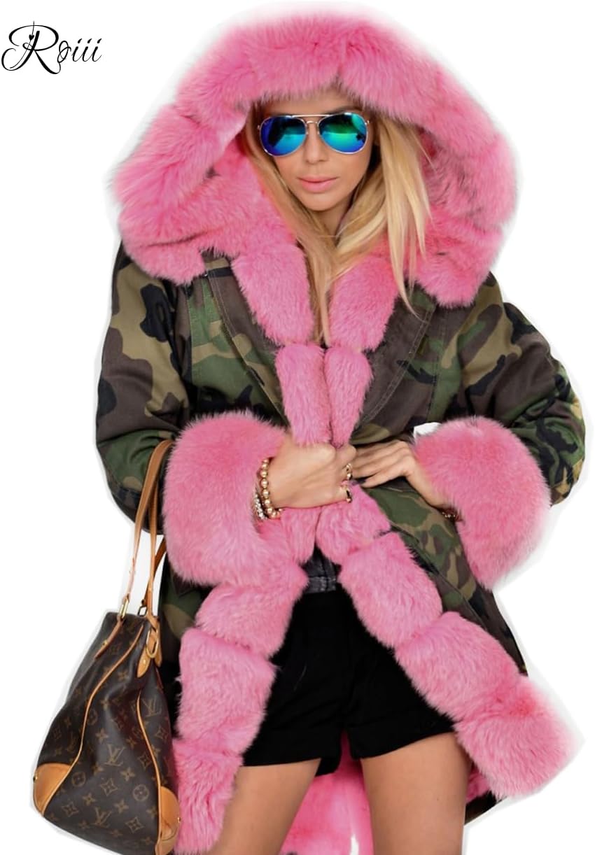 Roiii Women Thicken Warm Winter Coat Hood Down Parka Fleece Fur Outdoor Overcoat Long Jacket Outwear