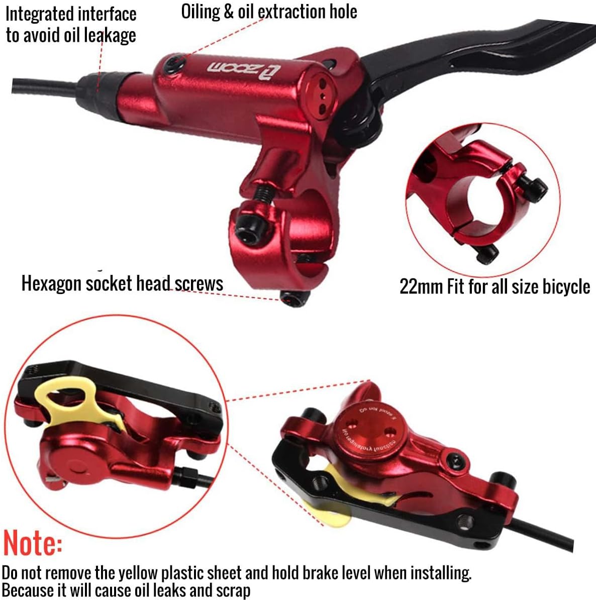 MTB Oil Hydraulic Disc Brake Set with Brake Levers Caliper Oil Cable Front 800mm Rear 1450mm for Mountain Bike Fat Bike E-Bike Scooter Disc Brake (Red Front)