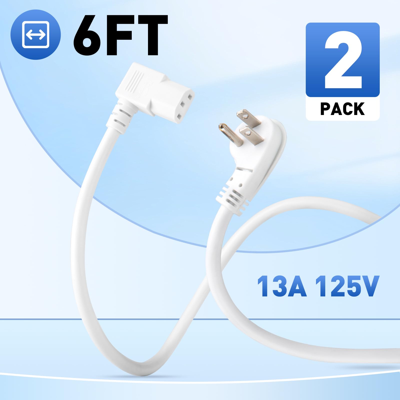 POWERCORDS Kabel zasilający do komputera 1,8 m 90 stopni płaska wtyczka pod kątem prostym IEC C13 uniwersalny przewód zasilający PC 16AWG kątowy przewód zasilający AC