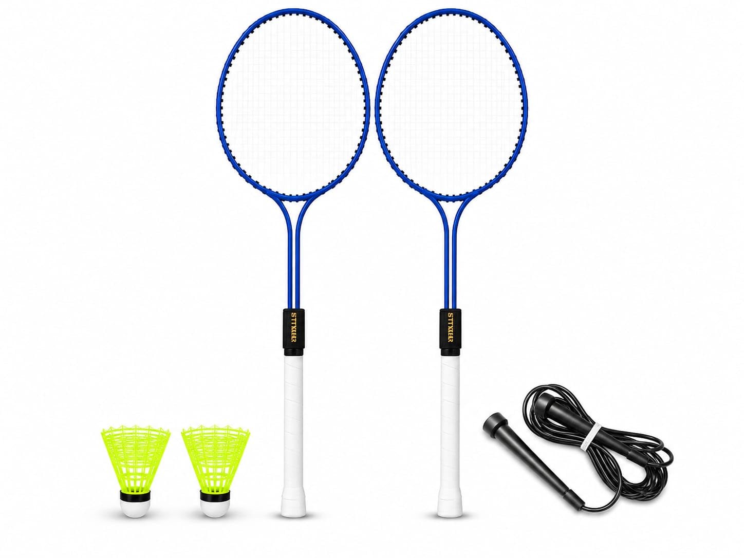 badminton combo set, 2 racquet set, shuttlecock pack, nylon birdie with skepping rope combo, beginner badminton kit, indoor outdoor sports set