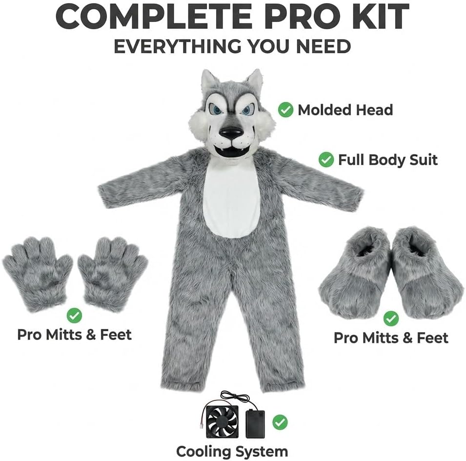 TCDesignerProducts Gray Wolf Mascot Costume, Professional Wolf Full Body Mascot Suit, Foam Head, Built‑In Fan, Flame‑Retardant Fabric, Schools, Colleges, Sports Teams, Parades & Promotional Events