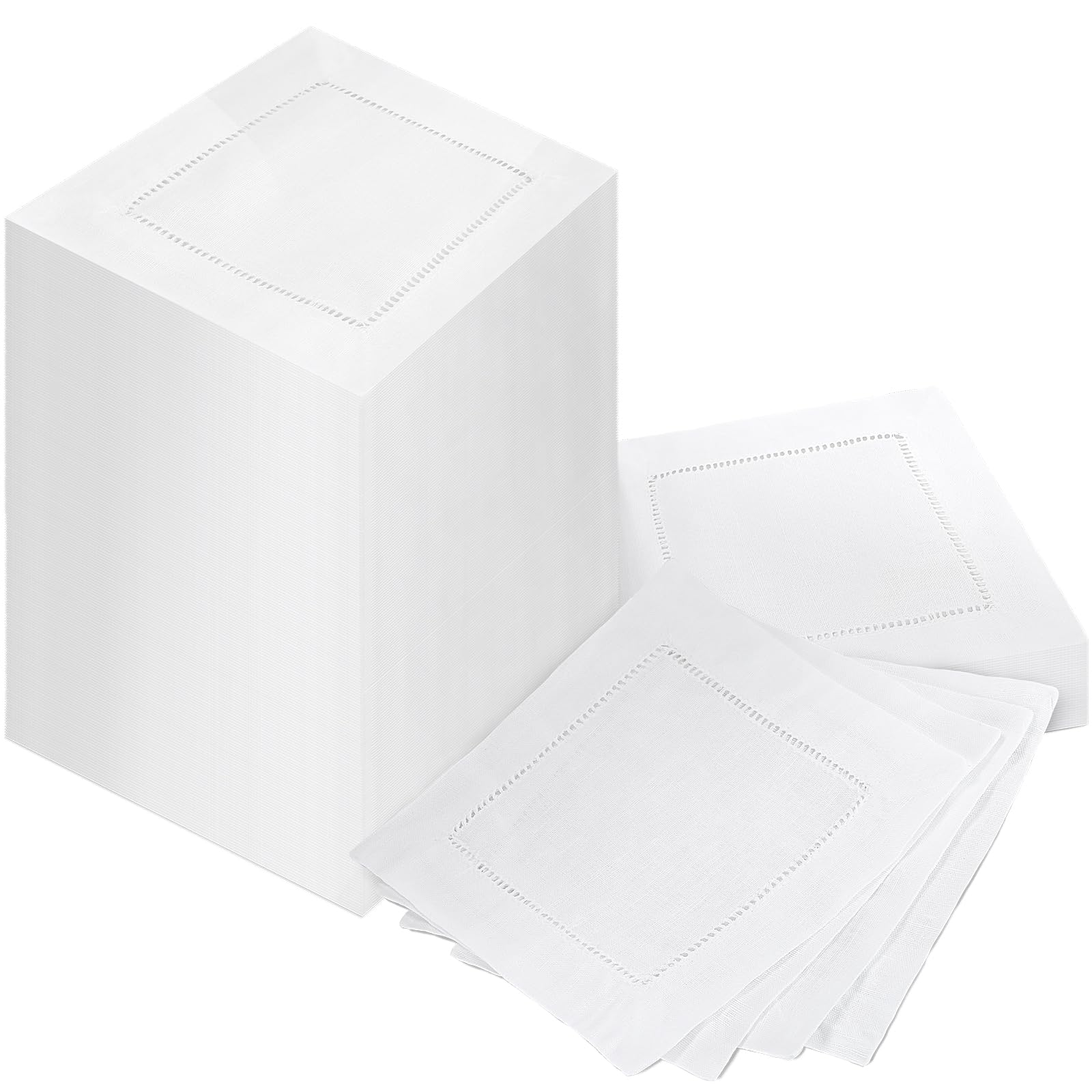 Photo 1 of 160 Pcs Linen Cocktail Napkins Bulk 6 x 6 Inch Cloth Hemstitch Fabric Napkins for Party Wedding Bar Beverage Coffee Dessert (White)
