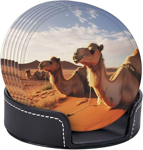 Miniatura 6 de Camels Rest Desert Print Coasters Drink Coasters Round Leather Coasters for Ceramic Cup Coffee Cup Home Bar Office Set of 6