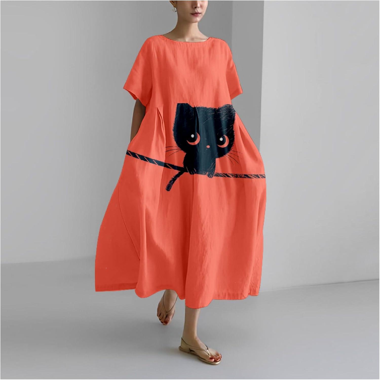 MARSVOVO Summer Dress for Women Funny Cat Graphic Cute Short Sleeve Maxi Dress Causal Plus Size Party Dress for Women - Image 2