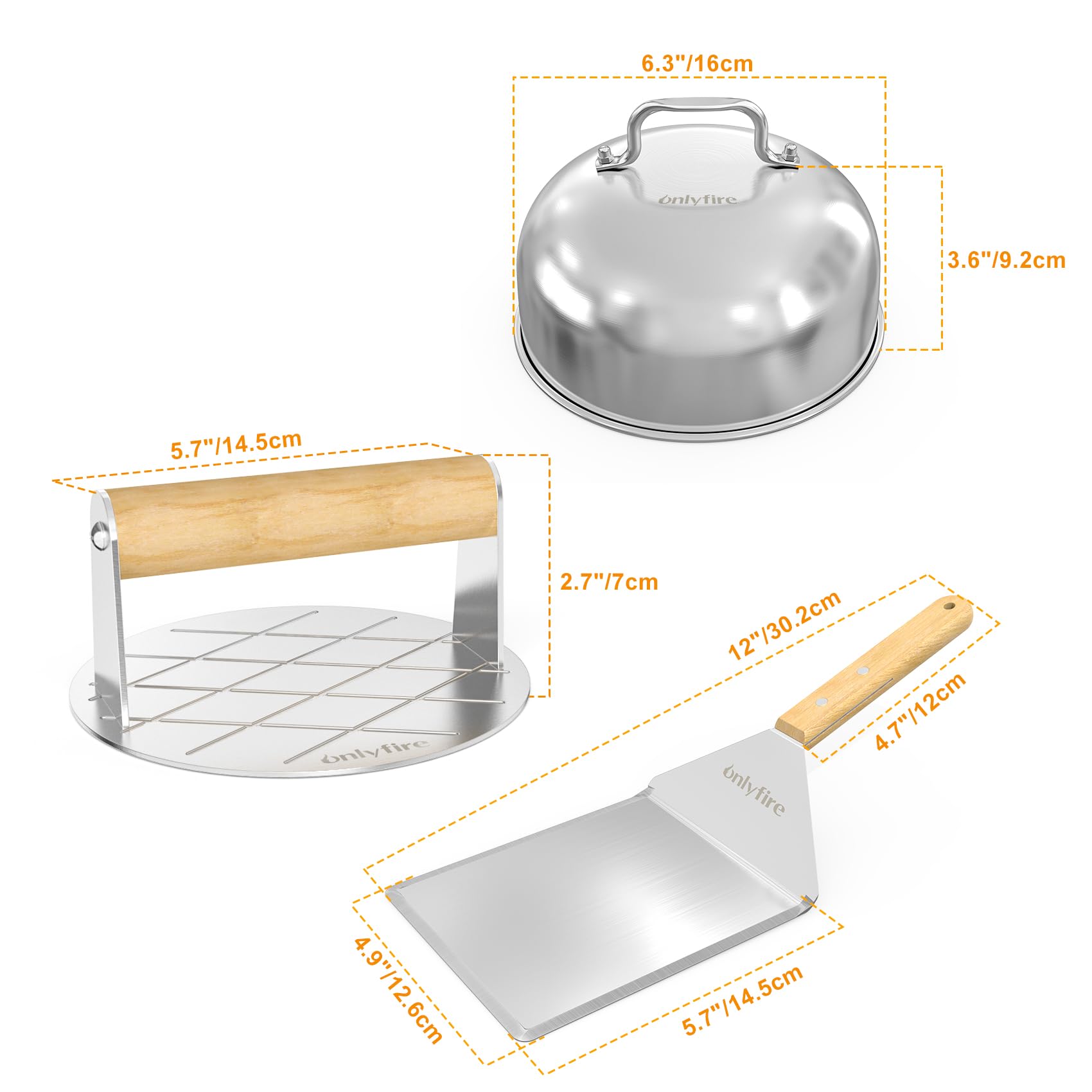 Kit de accesorios para plancha, 4 piezas, cúpula de fusión de quesos y kit de prensa de hamburguesas, cubierta de hilvanado de 6 pulgadas con triturador de hamburguesas y espátula para 2