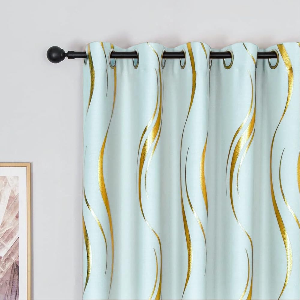 MYRU 2 Panels Set Luxury Striped Blackout Curtains for Bedroom Living Room (Light Green and Gold, 2 x 66x84 Inch)