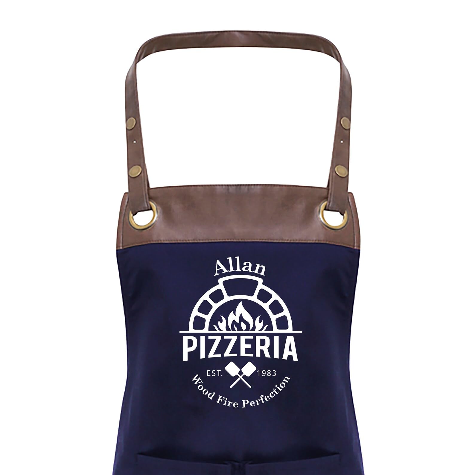 Premier Faux leather trim Mens/Ladies Personalised Pizza Apron, Cook, Pizzaria, Cooking, Unisex Apron With Pockets (Blue Brown)