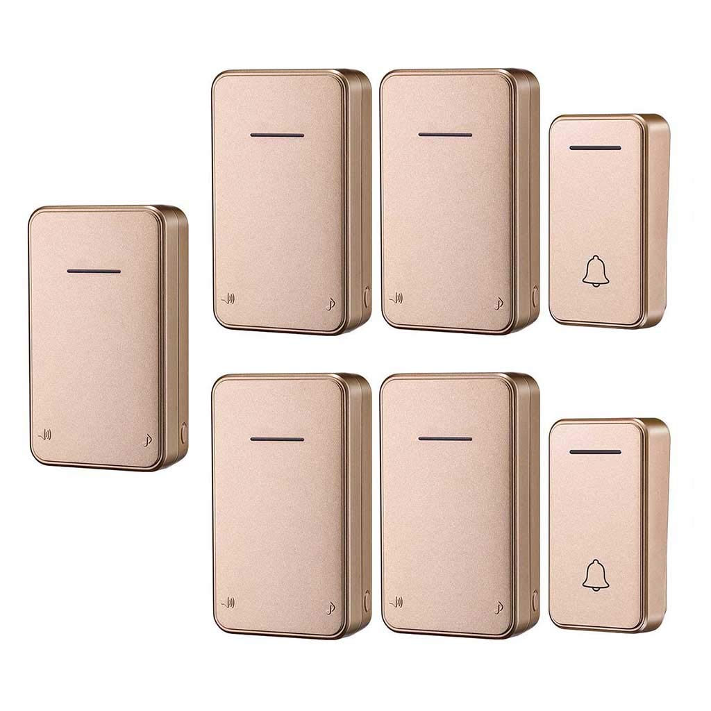 Kabellose Türklingel, wasserdicht, keine Batterie erforderlich, Türklingel, kabellos, 2 Sender, 5 Empfänger, 48 Musik-/LED-Blinklichter, 200 m super lange Reichweite, Gold