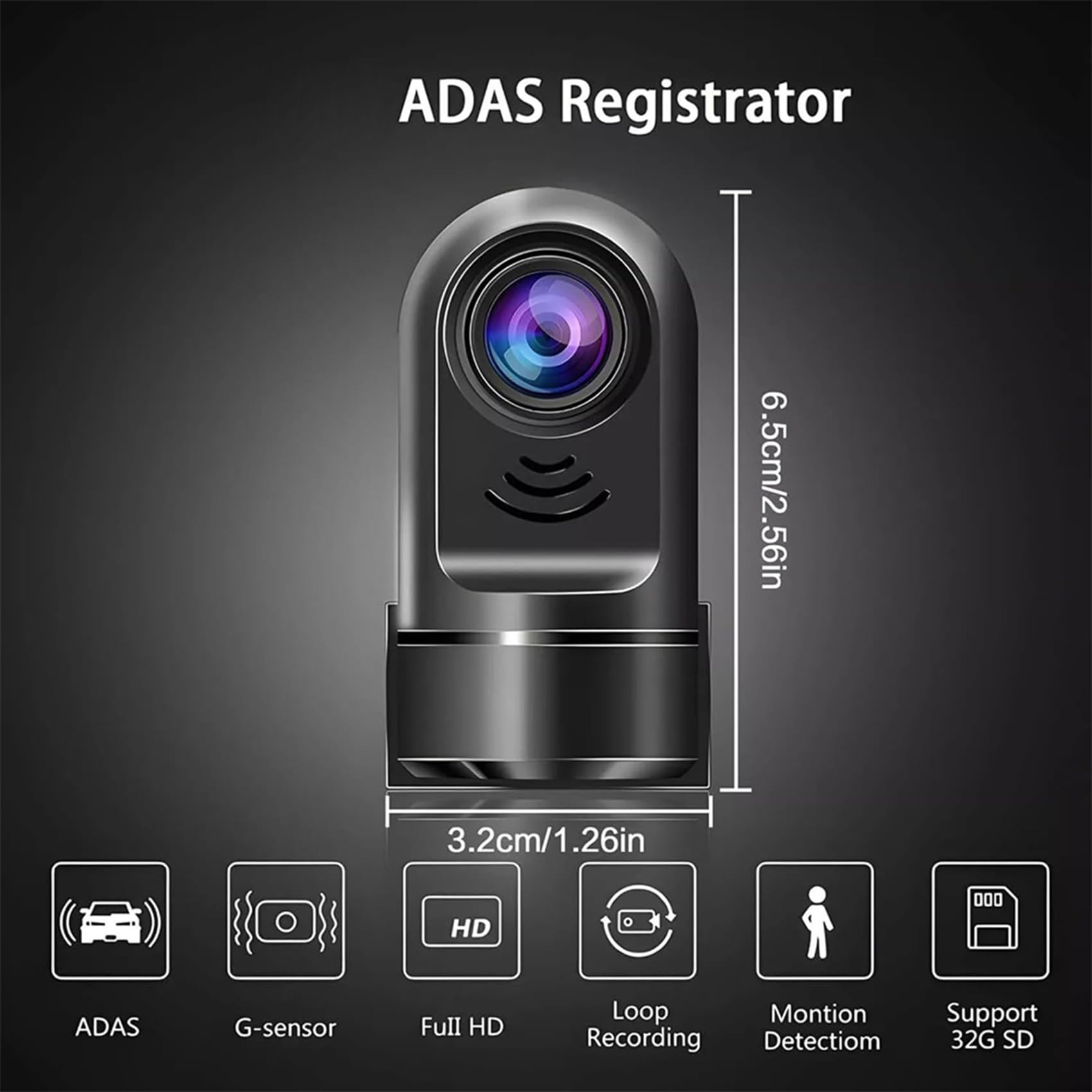 2 x 1080p HD 360° kamera na deskę rozdzielczą Mini ADAS, samochodowa kamera na deskę rozdzielczą z kartą 32 GB, tryb parkowania 24-godzinny / widoczność w nocy / wykrywanie ruchu