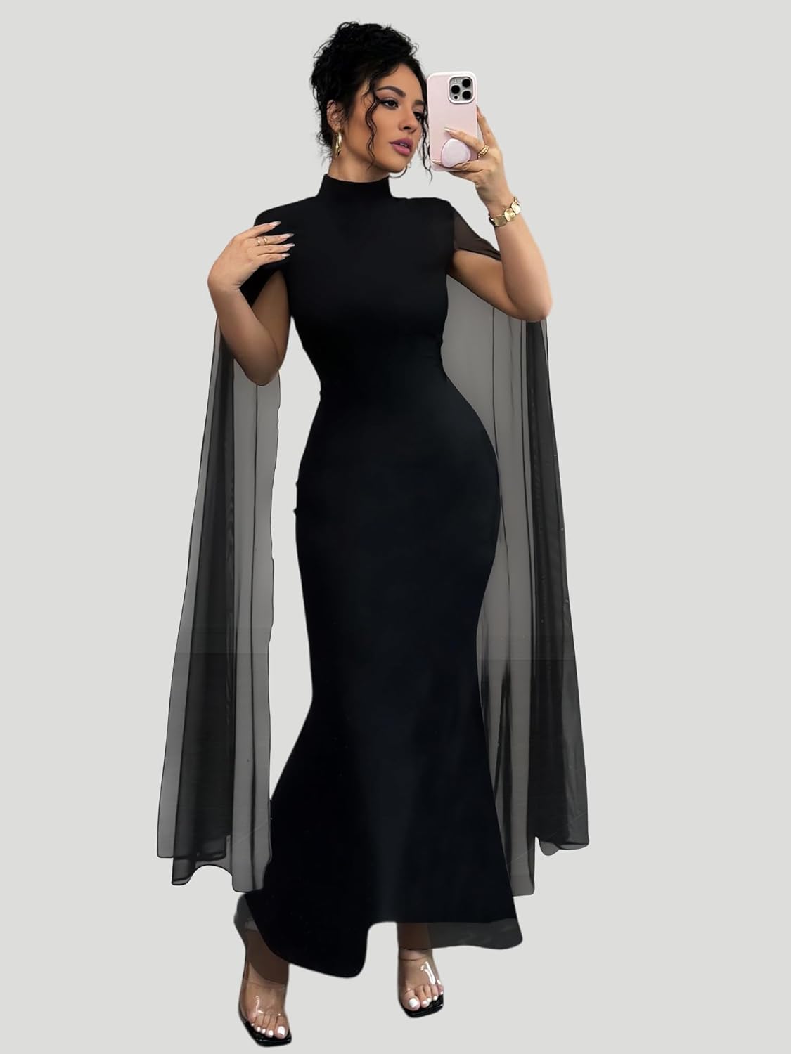 SEBOWEL Women's Cape Sleeve Mesh Maxi Dress Elegant High Neck Formal Evening Gown Party Dress with Cape - Image 2
