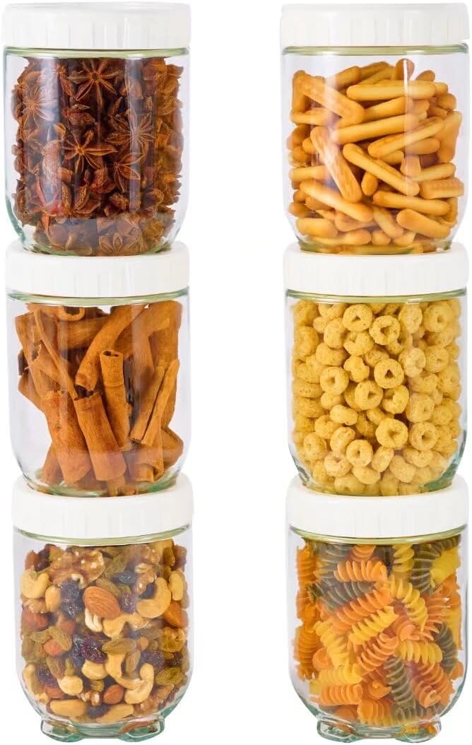 Hoa Kinh Glass Overnight Oats Jars with Lids, 20oz 6Pack Leak Proof Small Stackable Jars Kitchen Canisters for Overnight Oats, Cereal, Clear Empty Glass Jar with Lids for Kitchen(White 6Pack) White lids 20oz-6Pack