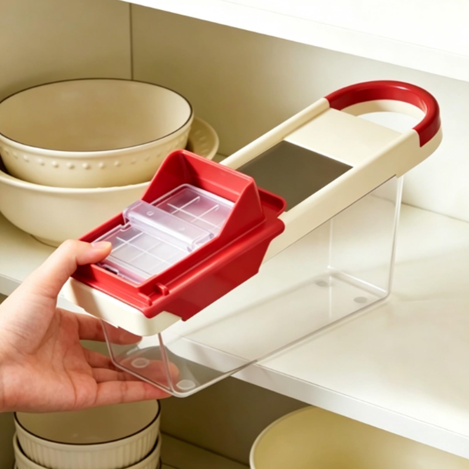 Multifuncional Cortador de Verdura Manual, Mandolina de Cocina Profesional con Recipiente, Protección Integral 360°, Patas Antideslizantes Que Garantizan Funcionamiento Estable