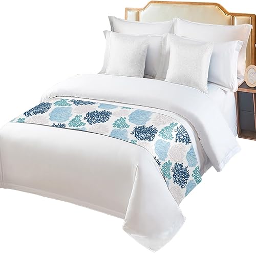 Bufanda decorativa de cama azul verde azulado coral para pie de cama, playa de verano, costera moderna geométrica