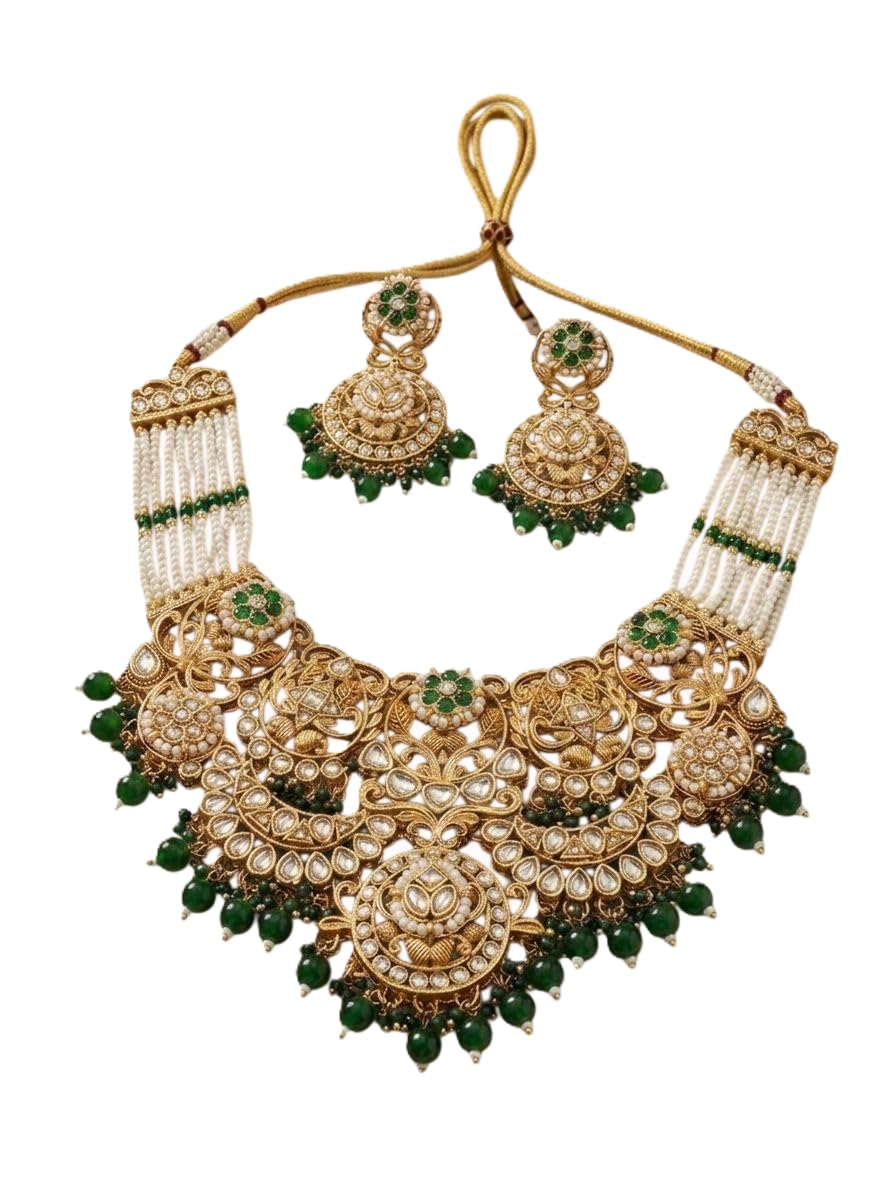 Gold Plated Bridal Jewelry Set Alloy Metal Kundan Necklace Earrings Matha Patti Traditional Wedding Choker Ethnic Festive Designer Set for Women-image-14