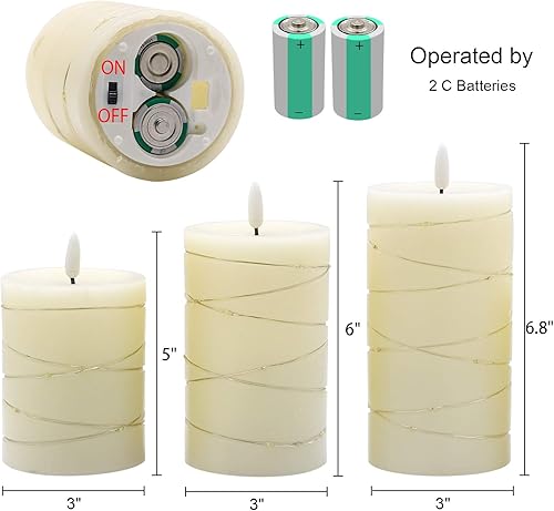 Miniatura 2 de DRomance Juego de 3 velas parpadeantes sin llama con temporizador remoto, funciona con pilas, velas LED de cera real, mecha 3D, luz amarilla,