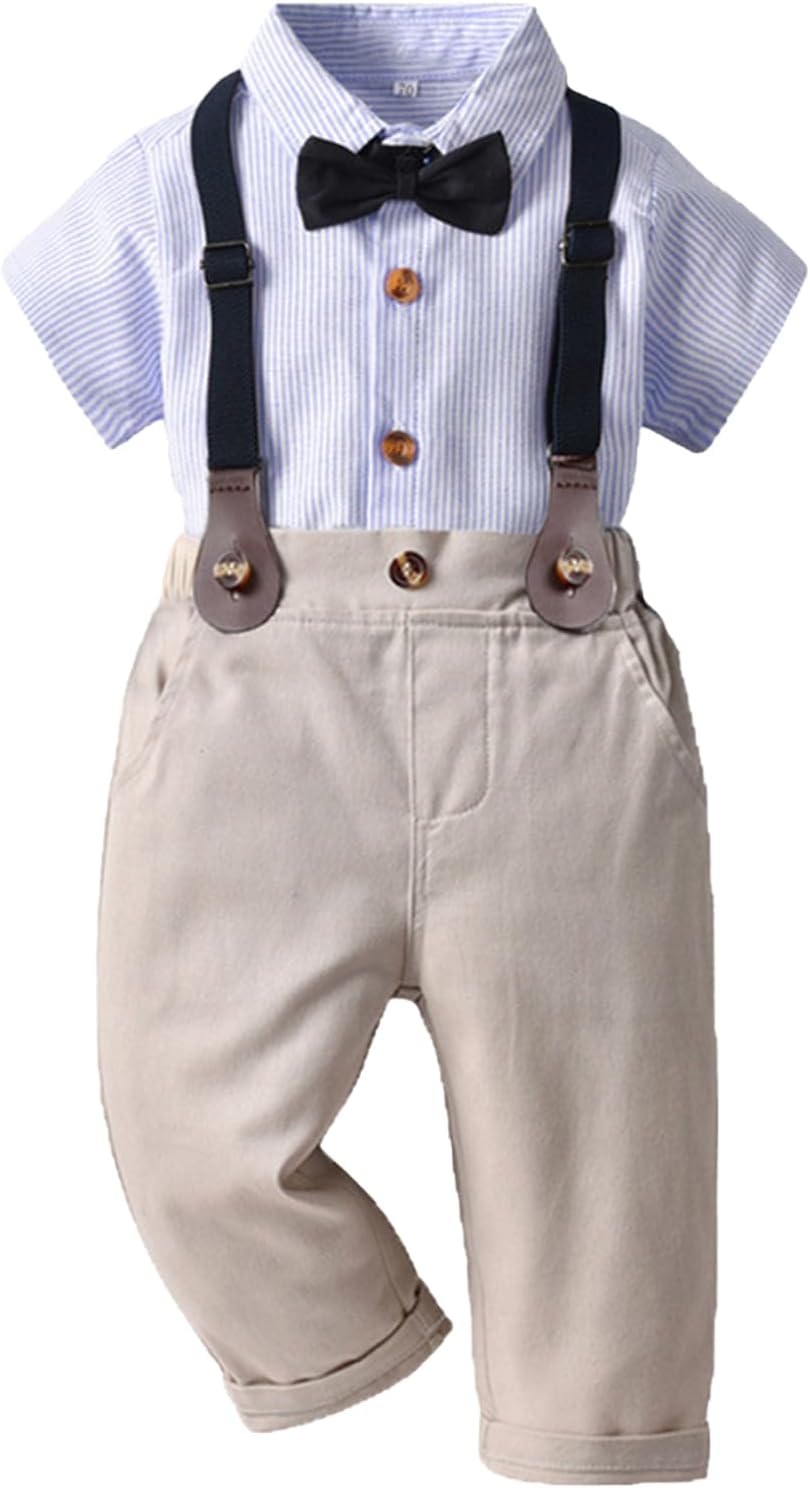 Baby Boy Gentleman Clothes Set, Striped Shirt with Bowtie +Suspender Shorts/Pants Boys Christening Wedding Suit