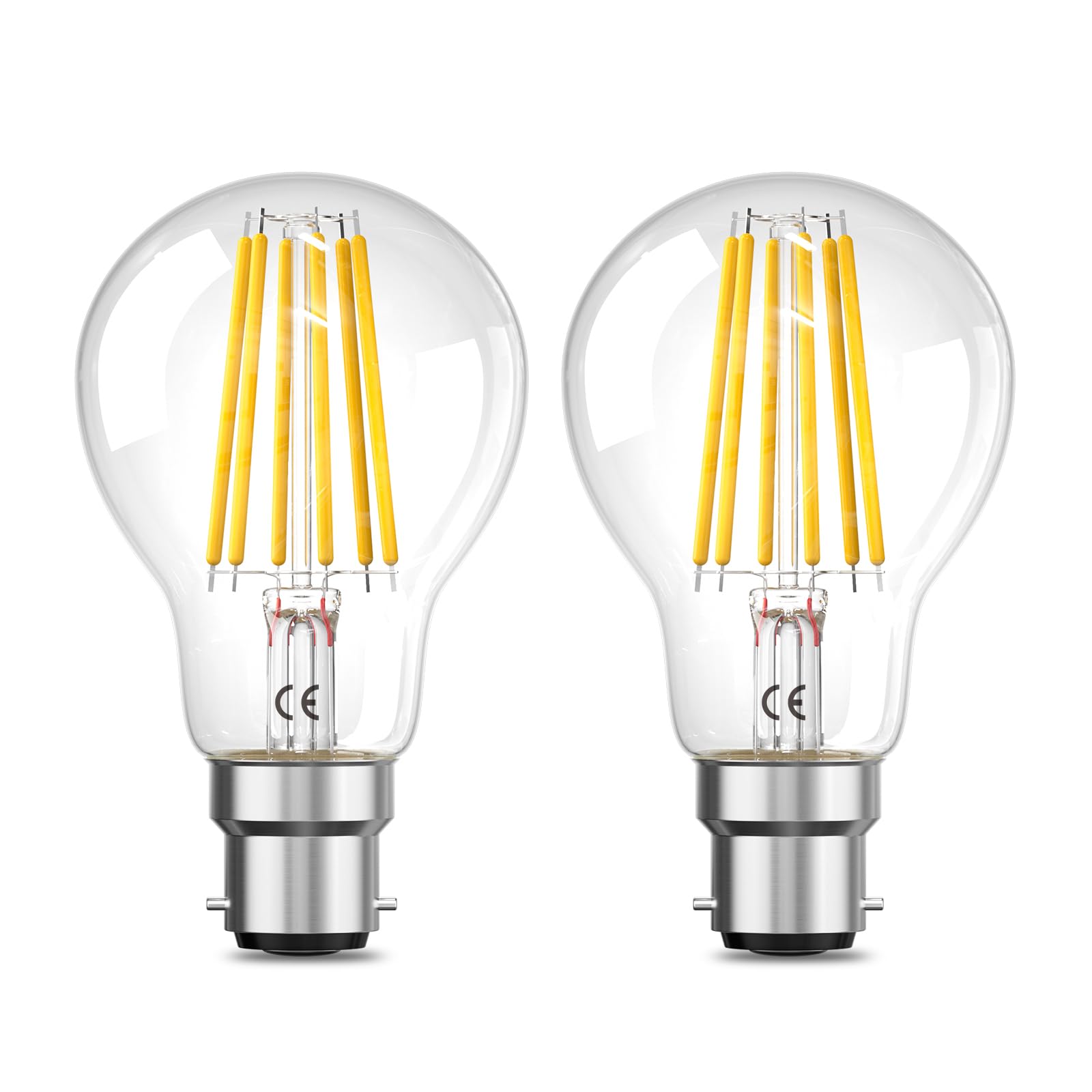 Bonlux 6W LED B22 Bayonet 100W Equivalent Light Bulbs Warm White 2700K, 1300LM, BC Cassic GLS A60 Filament Bulb, Large Bayonet Cap Push in Vintage Lamp, 220-240V 50hz, Pack of 2