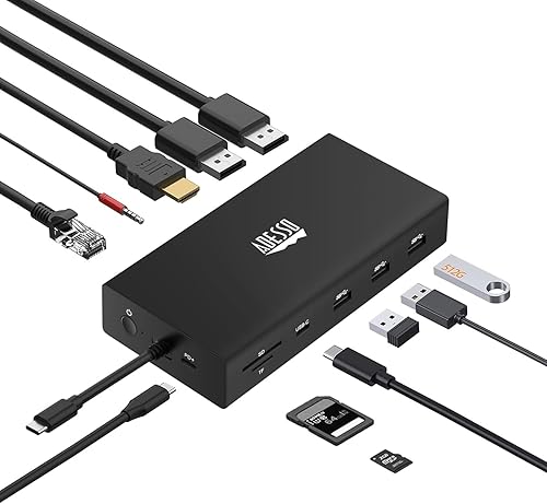 Adesso Estación de acoplamiento USB C, adaptador multipuerto tipo C Hub 2 DisplayPort compatible con 8K, HDMI, puerto Ethernet RJ45, carga PD de 100