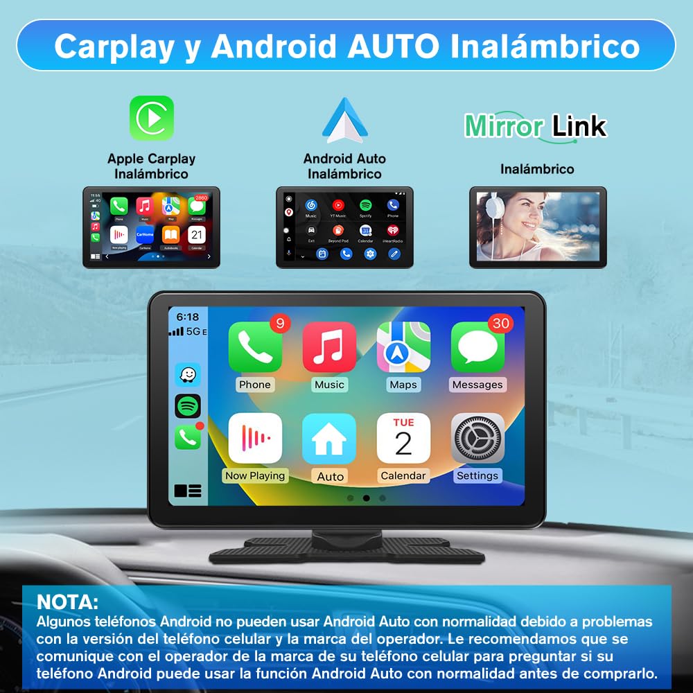 AWESAFE 9”Pantalla de Coche CarPlay/Android Auto/MirrorLink Inalámbrico, Reproductor de Pantalla Tactíl Admite 4K Dash CAM/Cámara de Trasera/Bluetooth/USB/SD/FM/Control por Voz