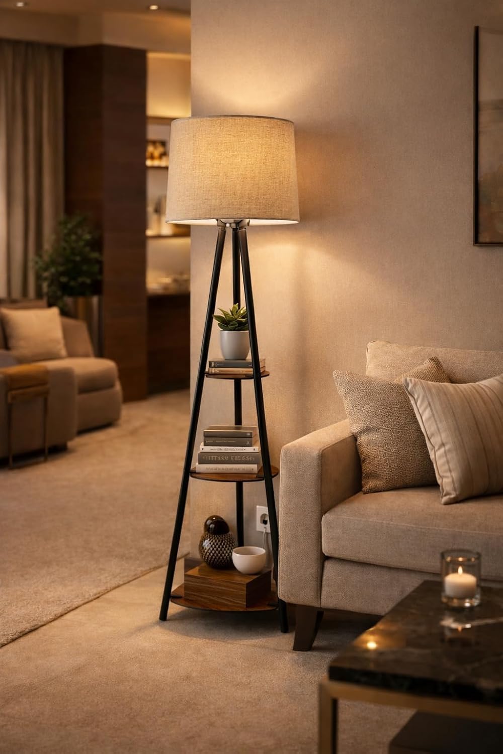 Modern Wooden Floor Lamp with Storage Shelves, Brown and Beige, Linen Fabric Shade, 155 cm, Warm White, Living Room Reading Lightoor lamp-image-14