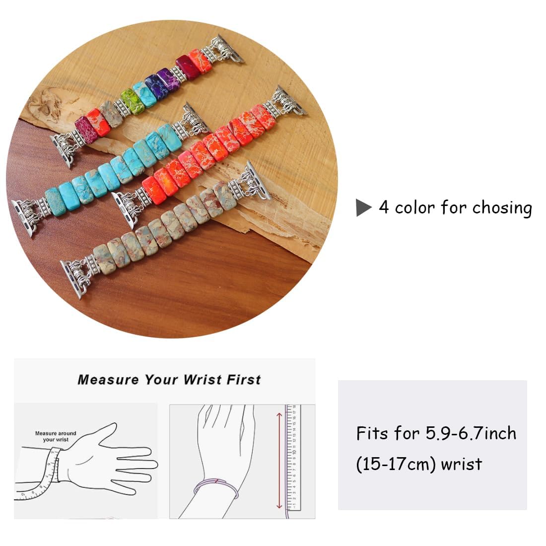 NUZUJX Natural Stone Imperial Jasper Bracelet Beaded-Bands Compatibe with Apple Watch Series 8 7 6 5 4 3 2 1, Handmade Elastic Stretch Beaded Strap For iWatch Bands 38mm 40mm 41mm 42mm 44mm 45mm (Fit