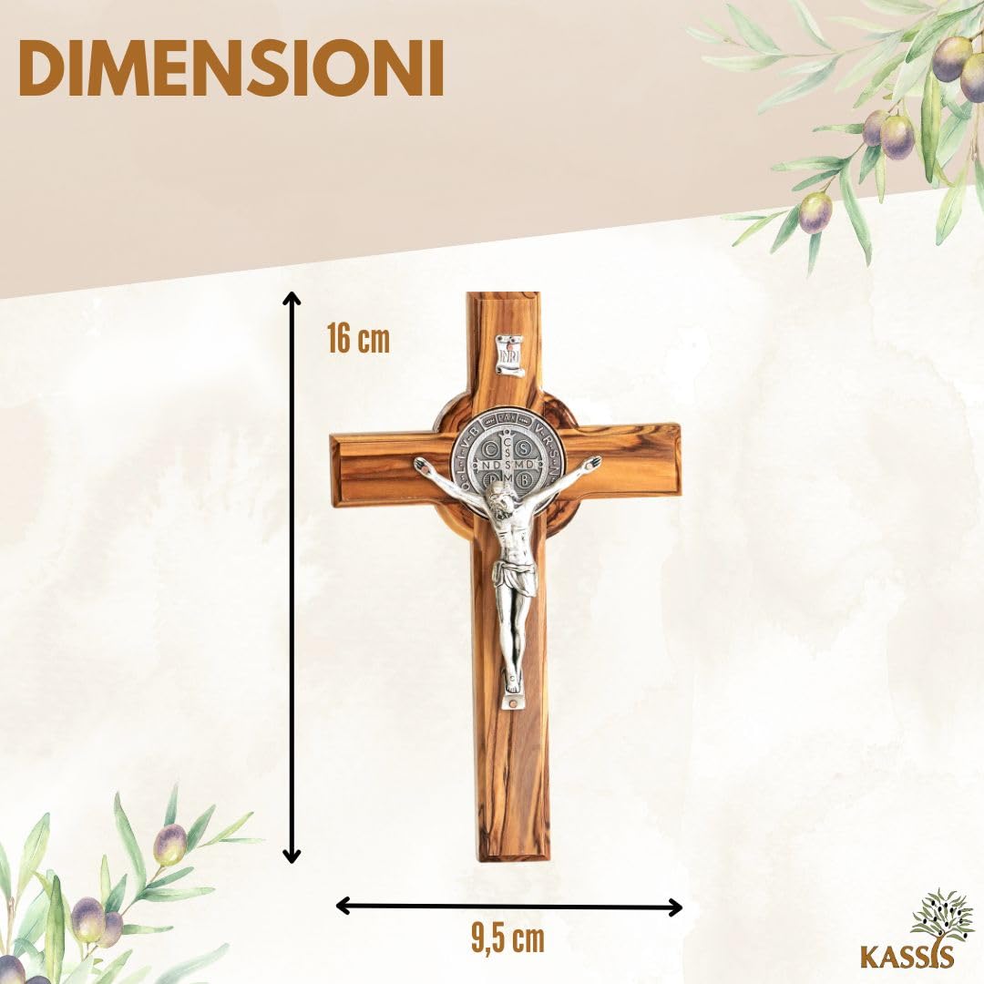 KASSIS Crocifisso di San Benedetto fatto a mano - Croce da parete in legno d'ulivo 16 cm - Regalo per nascita, battesimo, cresima e comunione - Decorazioni religiose per la casa