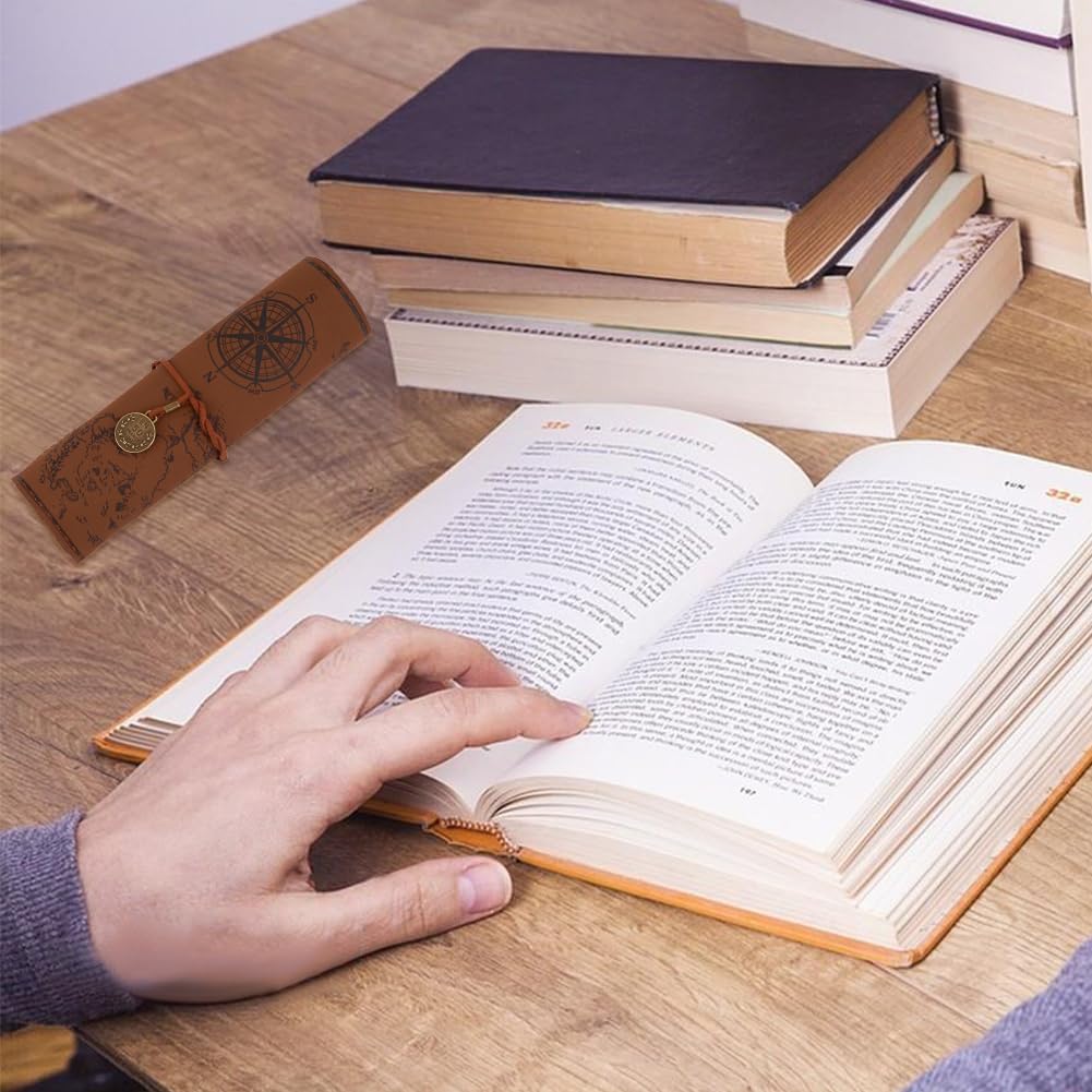 GORGECRAFT PU Leather Pencil Bag Strap Vintage Treasure Map Compass Cover Rollup Storage Organizer Retro Pen Bag Wrap Roll Case Holder Portable Stationery Pouch for Artist Drawing Makeup Camel - Image 3