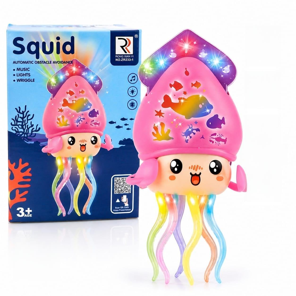 musical dancing squid toy with led lights | automatic walking & obstacle avoidance movement | interactive wriggle action light up animal toy for kids age 3+ years