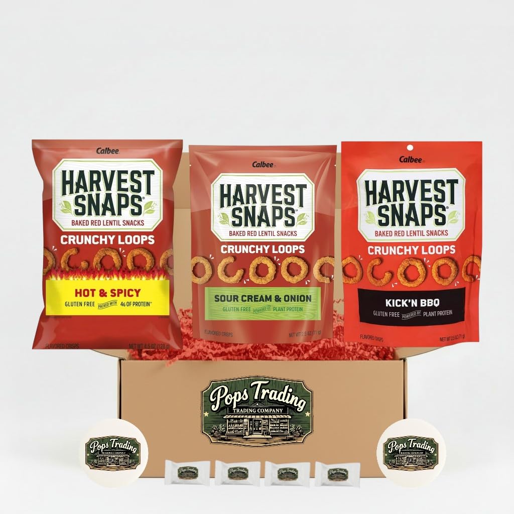 Baked Red Lentil Healthy Snack 3 Flavor Variety Pack Gift Box Sampler 3 Pack 2.5 ounce BBQ Sour Cream & Onion & Hot & Spicy Bonus Gift 2 Pops Coasters
