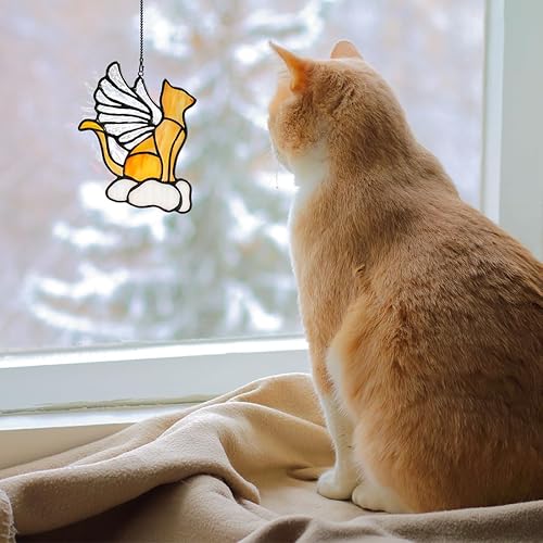 Miniatura 8 de Regalos conmemorativos de gato con alas de arco iris de ángel, atrapasoles de gato naranja, atrapasoles de cristal manchado para colgar en la