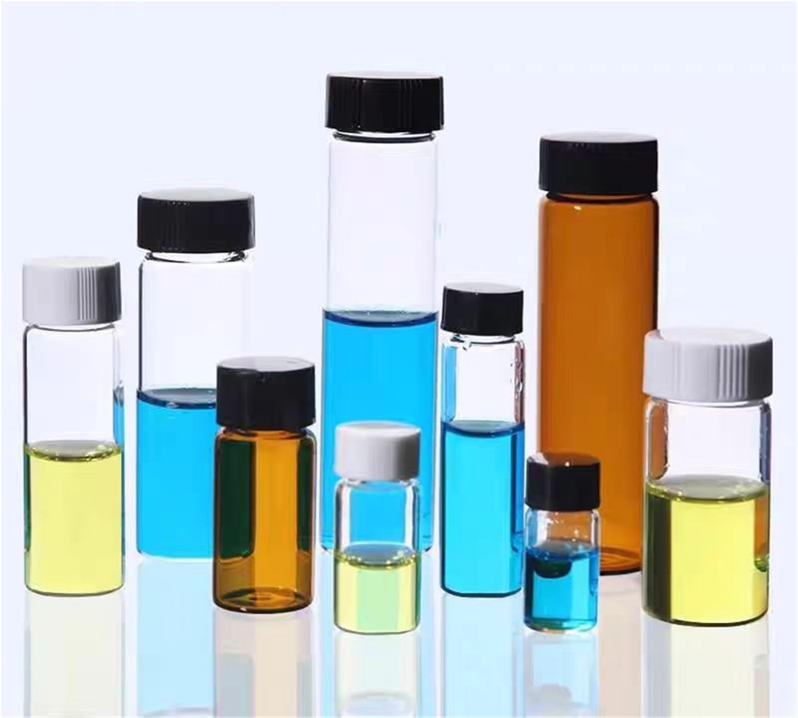 20 unids/Pack de 3ml a 60ml Botellas de Muestra de Vidrio Transparente con Tapa de Rosca de plástico Negro, Botella de Aceite Esencial for Uso en Laboratorio(50ml) | 50ml