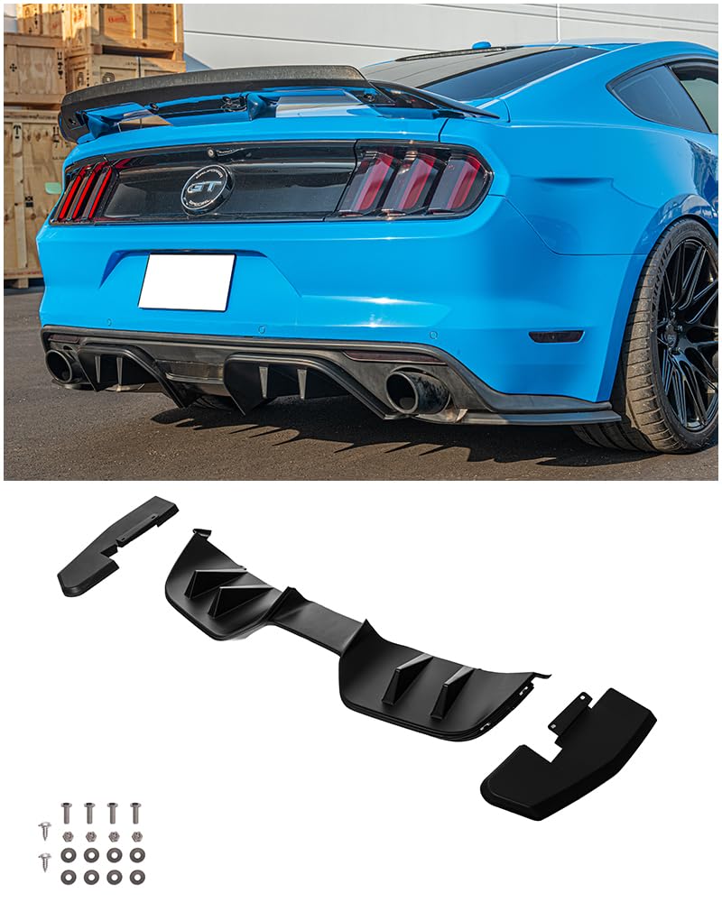 Replacement for 2015-2017 Ford Mustang Models with Premium Package | RTR Style ABS Plastic - Matte Black Rear Bumper Lower Diffuser with Side Apron Splitter Pair