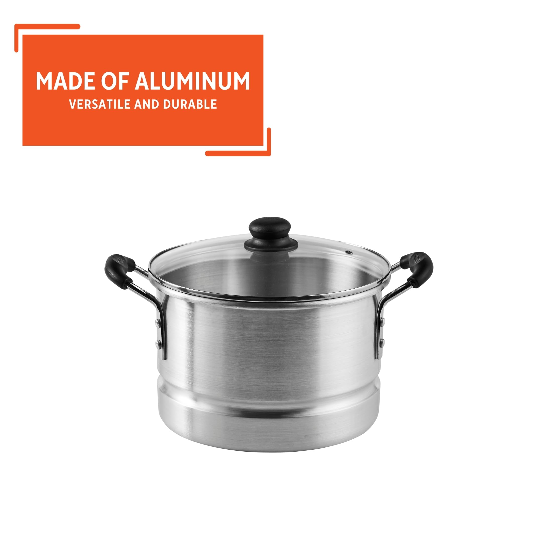 Imusa 10 Quart Aluminio Cool Touch Accesorio para cocinar al Vapor con Tapa de Cristal, Color Plateado