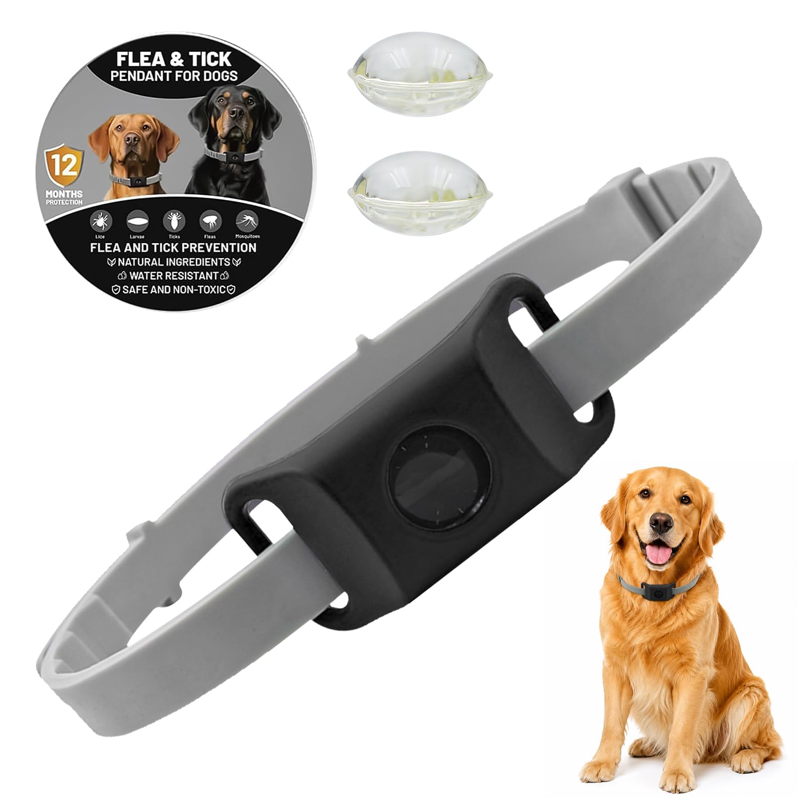 ZVD Pets Collier Anti Puce et Tique Naturel pour Chien, Répulsif aux Huiles Essentielles avec 2 Capsules Remplaçables, Collier Réglable sans Contact Direct Peau, Compatible AirTag (Noir)