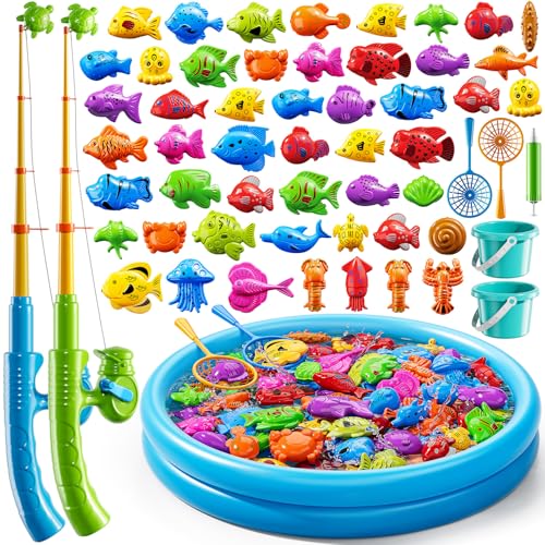 JUKUDAHU Magnet Fishing Toys Game for Kids 3-5 - Floating Fish Toys with Inflatable Kiddie Pool Bath for Toddlers Pole Rod Net Outdoor Party for Boys Girls Kids Age 3 4 5 6 7 8 Year Old