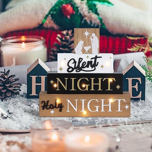 Miniatura 8 de Juego de Belén para Navidad en interiores, MEETYAMOR de gran tamaño, LED, 4 capas, bloque de madera, letrero de noche santa silenciosa, decoración
