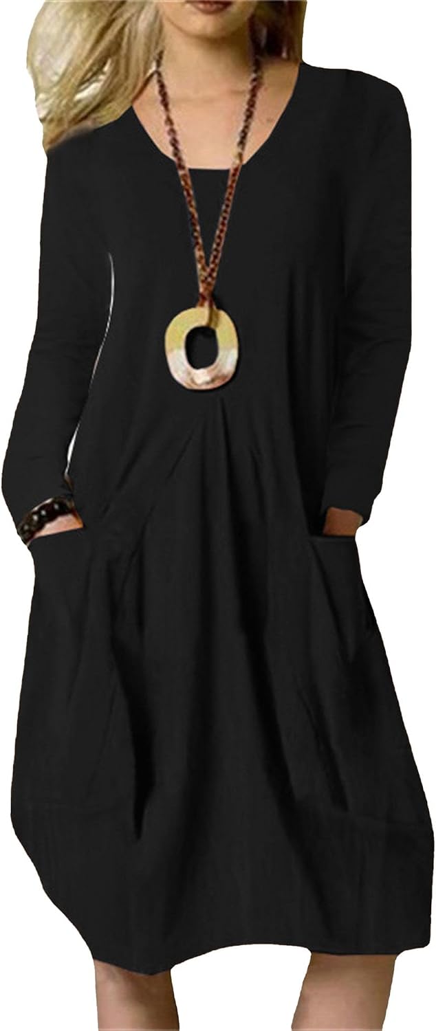 Womens Casual Cotton Linen Long Shirt Dress Long Sleeve Ruffle Swing Dresses Solid Baggy Flowy Maxi Dresses with Pockets