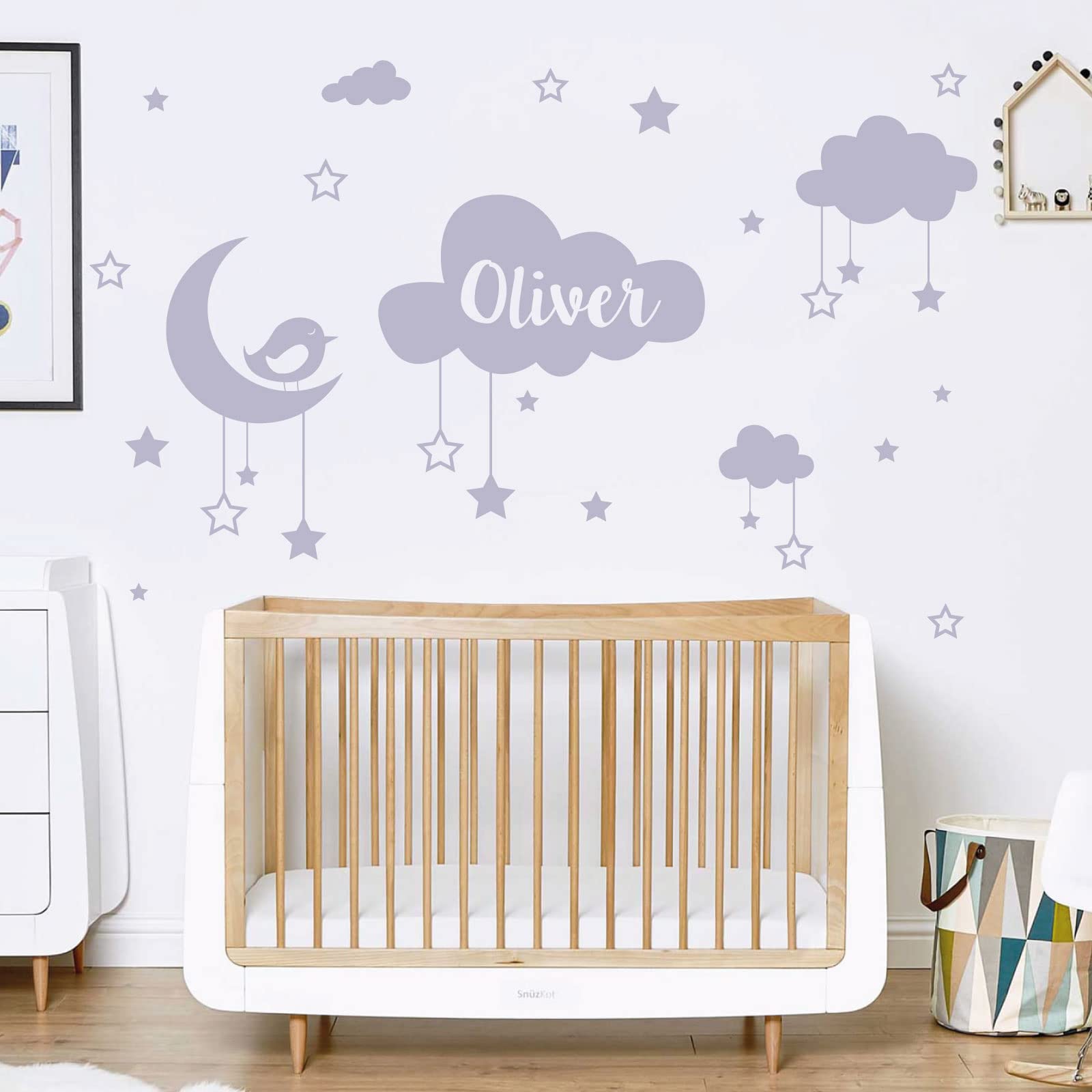 Personalised Name Baby Wall Sticker - Clouds, Stars, Moon & Bird [Medium] [Light Grey]