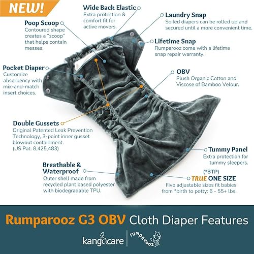 Miniatura 2 de Kanga Care Rumparooz G3 OBV - Pañal de tela reutilizable, de tamaño único, con doble refuerzo interior patentado, 2 piezas de rayón de bambú,