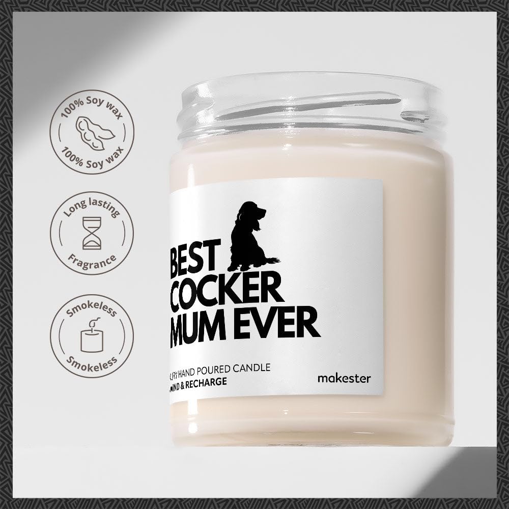 Cocker Spaniel Gifts for Women - Luxury Soy Wax Candle - Vanilla, Jasmine, Sugared Almond - Makester, White - Image 3