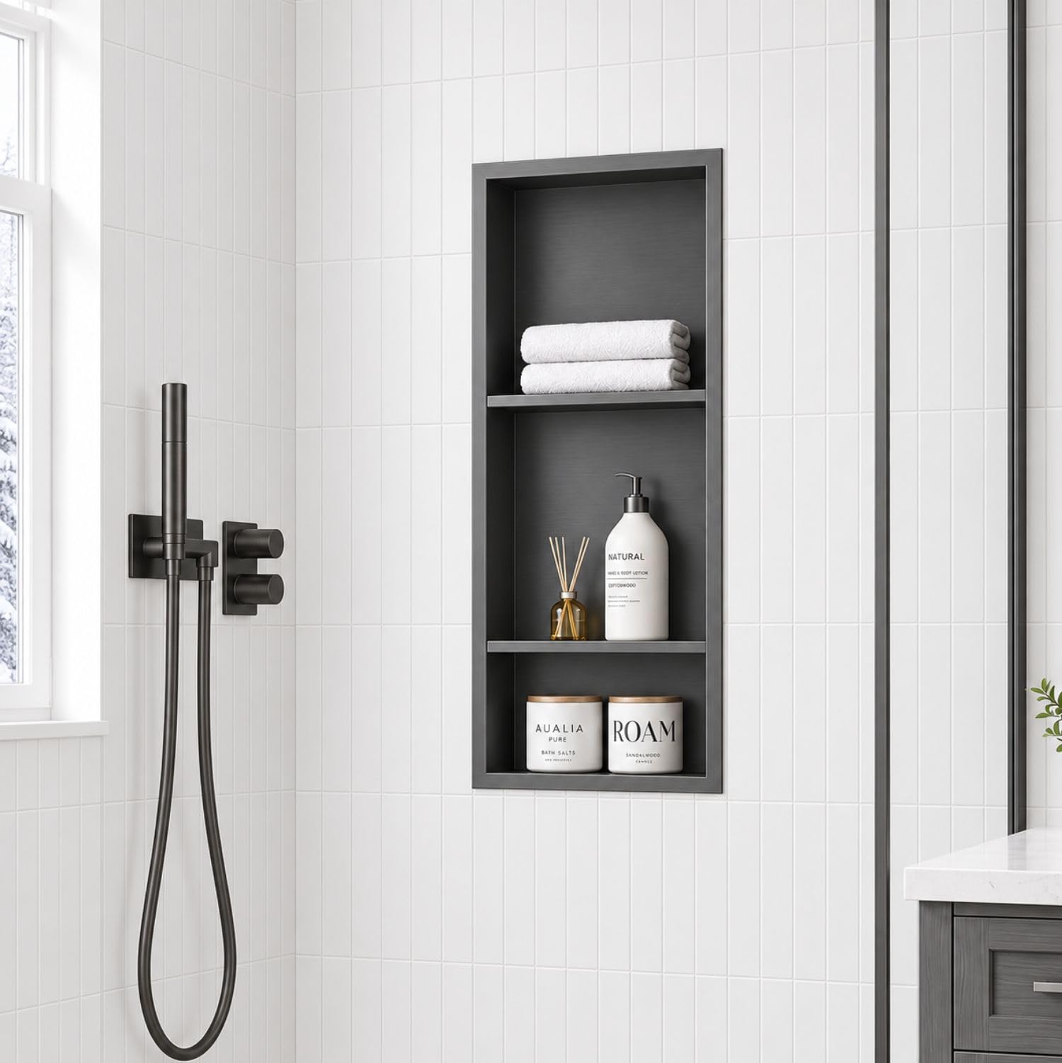 30 x 12 Inch Stainless Steel Shower Niche, No Tile Needed Wall Niche with 3- Tier Shelves, Recessed Wall Niche Insert for Bathroom Shower Kitchen Storage, Gun Gray