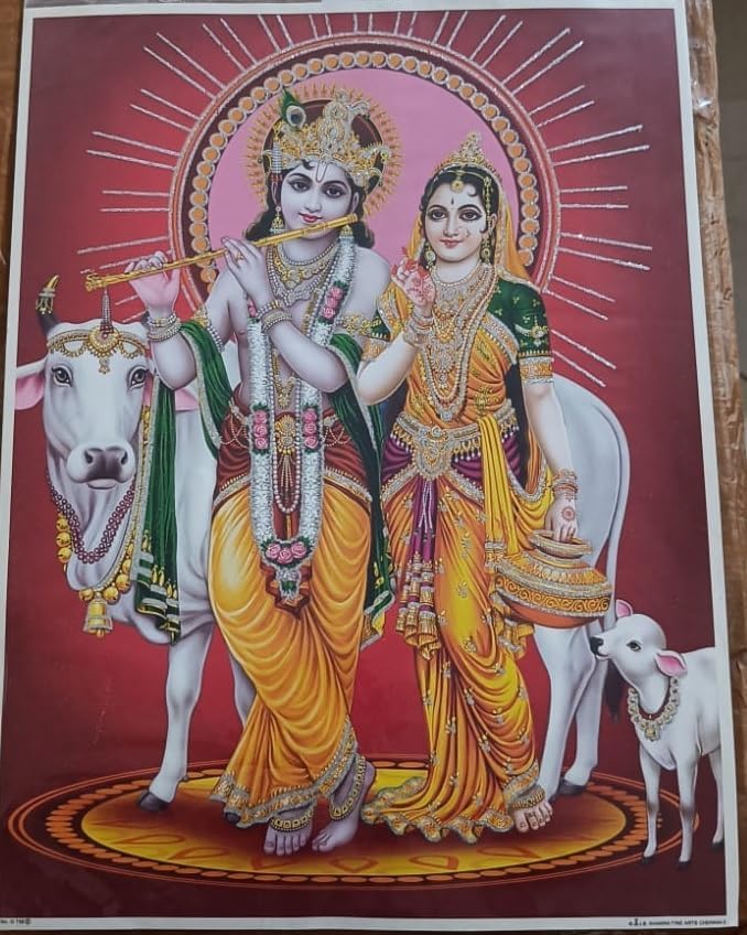 KRISHANA EXPORT STORE Radhe Krishna Poster - Lord Krishna With Cow Religious Art - Diwali Puja Painting For Home & Office - Radha Krishna With Cow - 16x12 Inches