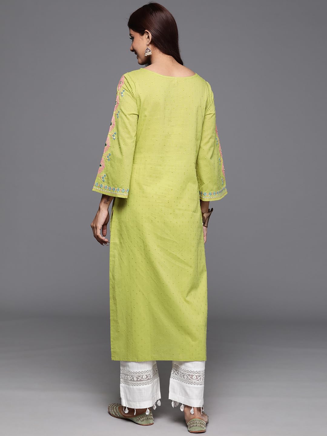 Varanga Women Lime Green Embellished Round Neck Straight Kurta, Thread & Sequins Work, Flared Sleeve, Side Slit, Stylish & Comfortable Ethnic Wear (Extra Large)