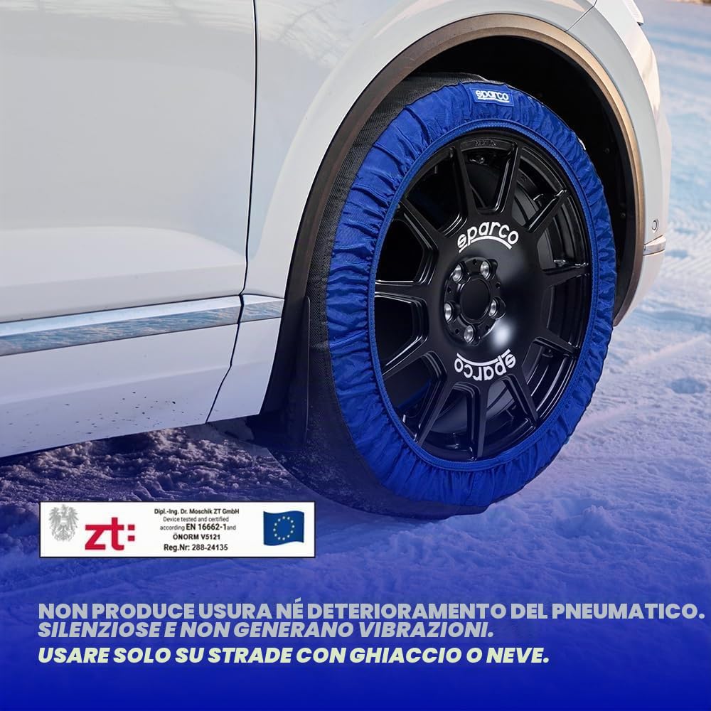 Set di 2 catene da neve in tessuto Sparco per auto, facili da installare, silenziose e durevoli, approvate, certificate e riutilizzabili Sparco SnowShield, guanti inclusi. (XL)