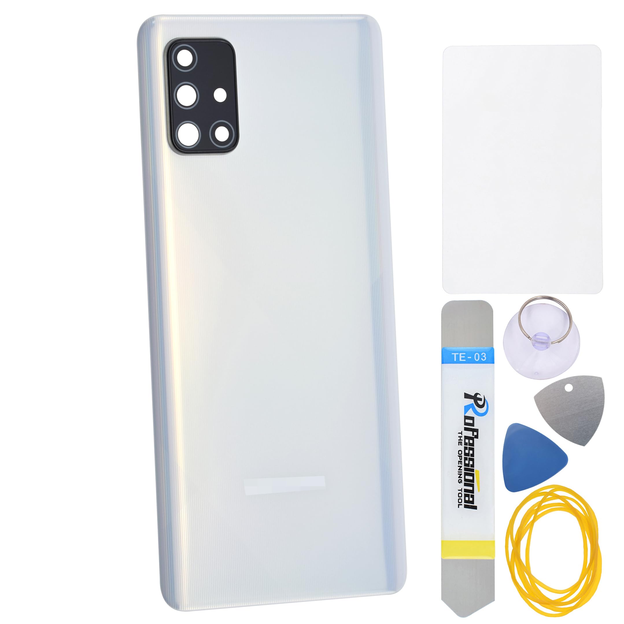 Prism Cube White Plastic Back Cover Replacement for Samsung Galaxy A71 SM-A715F with Rear Camera's Frame and Glass Pre Cut Adhesive and Tool Kit
